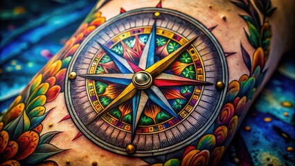 Intricate compass tattoo design featuring detailed elements and artistic lines on a textured surface