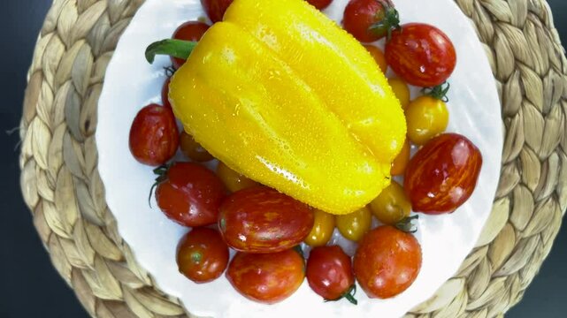 Yellow bell pepper rotating on a bed of cherry tomatoes