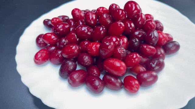 Rotating pile of freshly picked dogwood berries on white plate