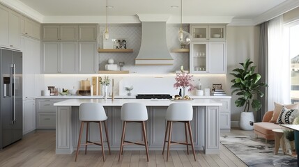 Fototapeta premium Modern composition of kitchen space with design kitchen island, black hookers, grey table, flowers, furnitures, big window and elegant personal accessories. Stylish home decor.