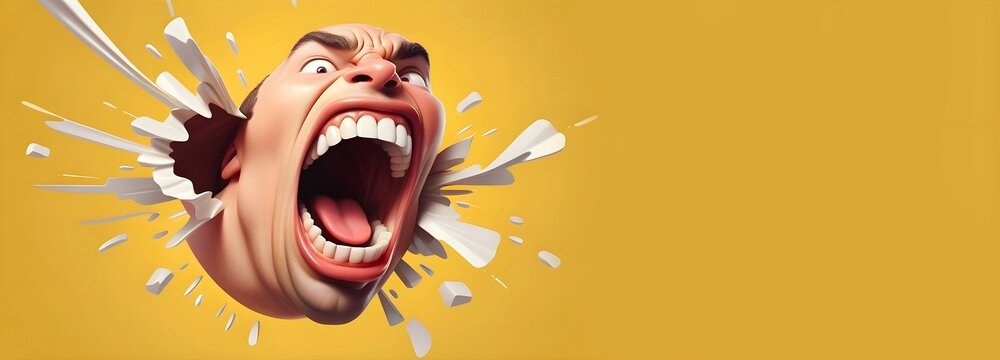 A shocking expression of opening mouth on a solid yellow background