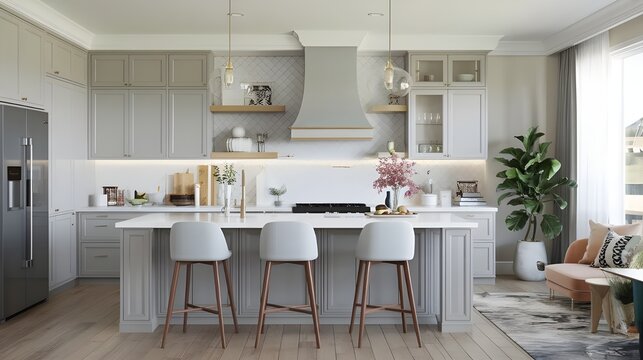 Modern composition of kitchen space with design kitchen island, black hookers, grey table, flowers, furnitures, big window and elegant personal accessories. Stylish home decor.