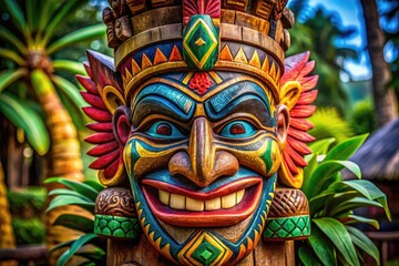 Obraz premium Intricately Carved Tiki Head Sculpture with Vibrant Colors and Detailed Features on Display