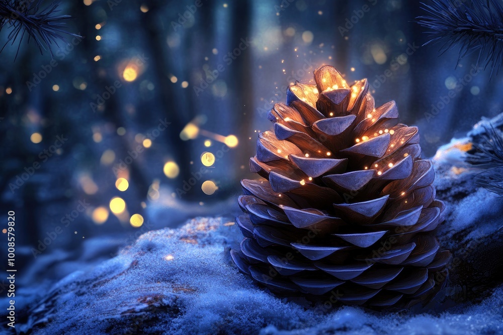 Sticker Illuminated Pine Cone in a Blue Winter Forest