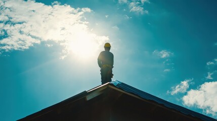 A construction worker focuses on installing shingles on a roof. The clear blue sky and bright sunlight create an energetic atmosphere as labor progresses