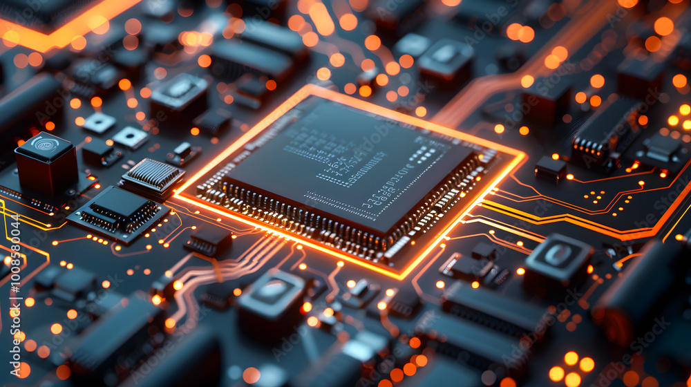 Poster the newest chip, accelerator, quantum computer processor, illustration. photonic light processor of 