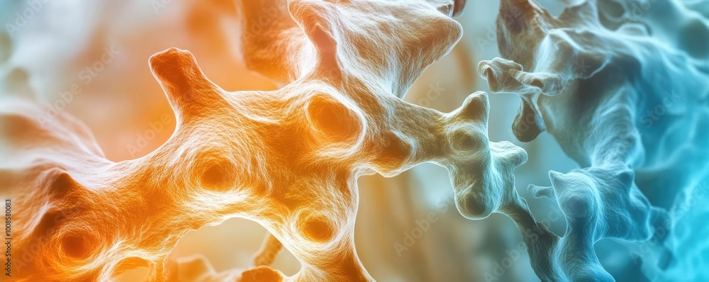 Poster abstract representation of cells and structures with vibrant colors illustrating biological processe