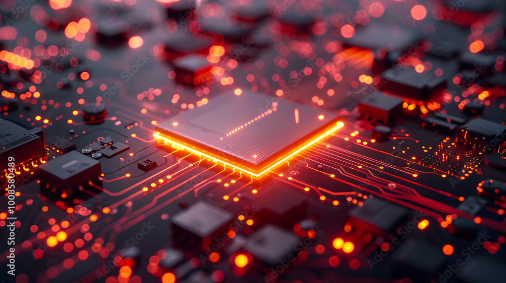 Poster the newest chip, accelerator, quantum computer processor, illustration. photonic light processor of 