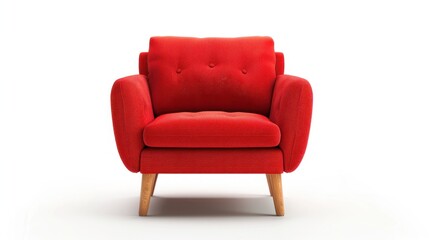 Fototapeta premium A comfortable red club chair with wooden legs and armrest on a white background. The sleek automotive design complements the human body for ultimate comfort and style