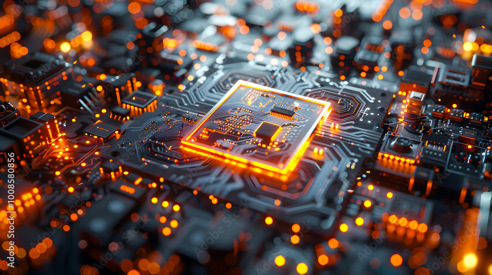 Poster the newest chip, accelerator, quantum computer processor, illustration. photonic light processor of 