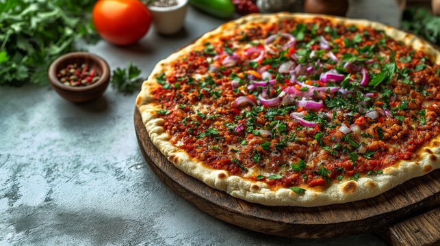 A traditional flatbread pizza layered with a mixture of fresh vegetables including tomatoes and onions, offering a colorful and delightful vegetarian option.