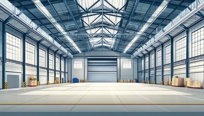 Obraz premium Empty Industrial Warehouse with Large Garage Door