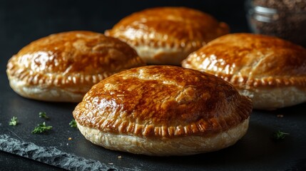 A set of four rustic homemade meat pies, showcasing a beautifully golden crust, baked to perfection, evoking comfort and the art of traditional baking.