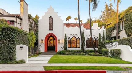 Obraz premium A beautifully crafted white house with striking red accents in a suburban setting, surrounded by neat lawns, combining modern elements with classic craftsman charm.