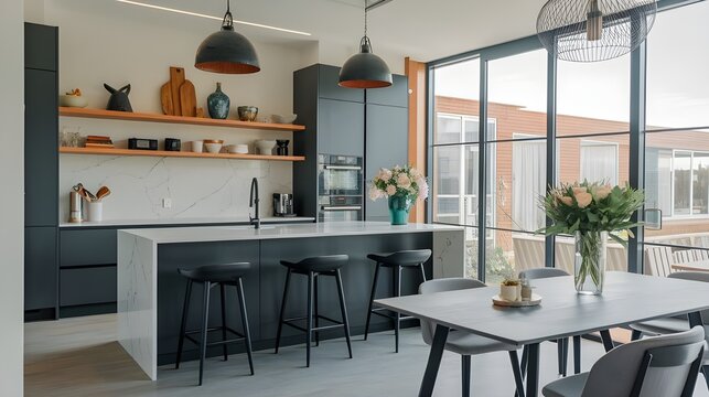 Modern composition of kitchen space with design kitchen island, black hookers, grey table, flowers, furnitures, big window and elegant personal accessories. Stylish home decor.
