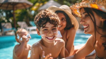 A happy family enjoying a poolside vacation with the parents ensuring their child s safety by applying sunscreen together The scene captures a moment of relaxation joy and time spent as a family