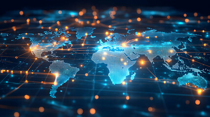 A Digital World Map Depicting Global Network Connections with Glowing Points of Light and Intertwined Lines