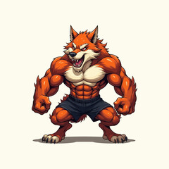 Powerful Angry wolf mascot logo. A fierce anthropomorphic orange wolf character with a muscular body vector illustration..  © Sakib