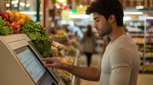 Man Using Self Checkout Kiosk in a Grocery Store