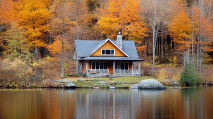 Fototapeta premium A serene lakeside scene featuring a cozy wooden cabin surrounded by vibrant autumn foliage reflecting on a tranquil lake, creating a picturesque retreat setting.