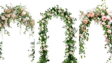 Set of beautiful wedding flower arches on white background