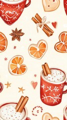 Hand-Drawn Watercolor Hot Cocoa and Gingerbread Seamless Pattern on Cream Background