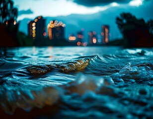 A moody background showcasing rising floodwaters engulfing a cityscape, with buildings partially submerged and dark clouds overhead.