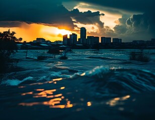 A moody background showcasing rising floodwaters engulfing a cityscape, with buildings partially submerged and dark clouds overhead.