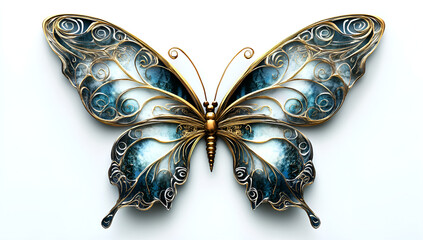 Fototapeta premium A beautifully patterned butterfly adorned in gold and blue, highlighting its elegant wings and striking appearance.