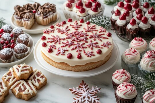 holiday dessert table, assorted christmas treats include snowflake shortbread, cranberry almond cake, and peppermint chocolate truffles