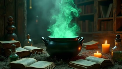 A cauldron bubbles with green smoke in a dimly lit library surrounded by candles and books