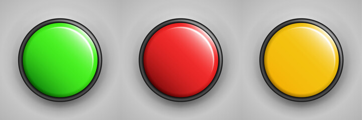 3D Start, Caution, and Stop Buttons: Red, Yellow, and Green Options for Alarm, Alert, Warning, SOS, Fail, Pass, Hazard, and Emergency Safety. Vector.