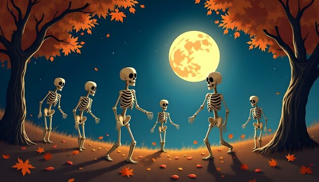 Skeletons dance joyfully among autumn leaves with a bright full moon illuminating the scene