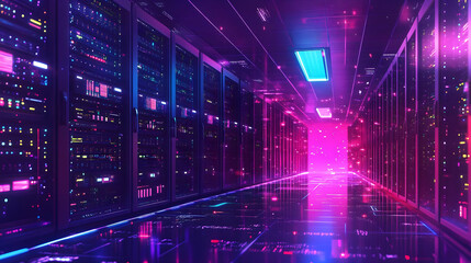 Neon-lit Server Racks Line a Futuristic Data Center Corridor with Glowing Pink and Blue Lights