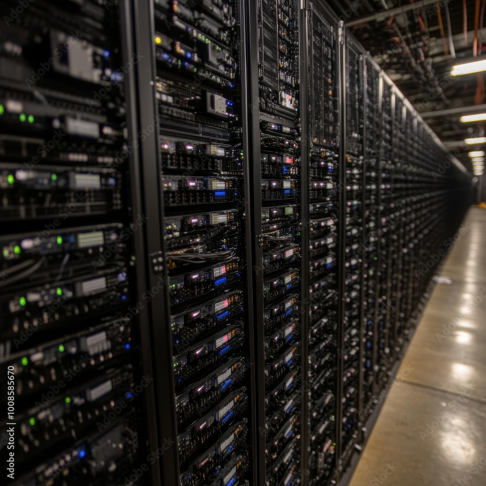 Poster rows of servers in modern data center, network technology with big data, cloud computing concept.