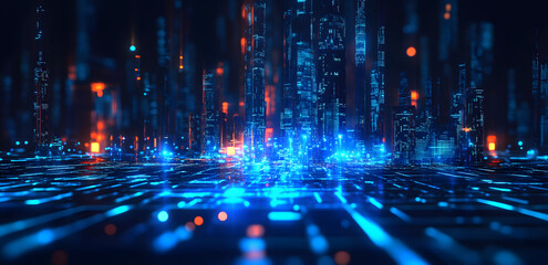 Fototapeta premium Smart city and big data connection technology concept 3d illustration. Sci-fi Skyline, Blue Neon lights. Wireless digital connection and internet of things future