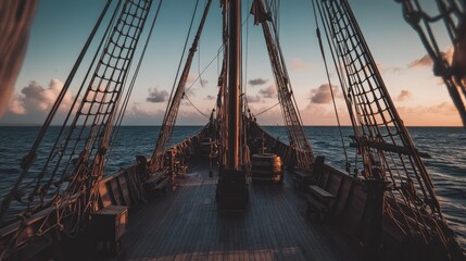 Naklejka premium A deserted pirate ship deck with worn sails and creaking ropes, set against a dramatic stormy sky, creating a mysterious and adventurous stage background.