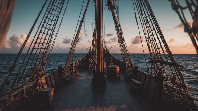 A deserted pirate ship deck with worn sails and creaking ropes, set against a dramatic stormy sky, creating a mysterious and adventurous stage background.