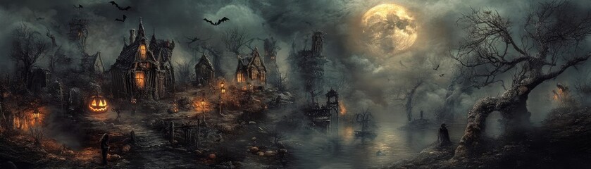 Obraz premium A haunting nighttime scene with fog, eerie houses, and a full moon casting shadows over a deserted village.
