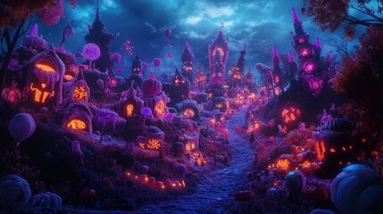 Naklejka premium Enchanting Halloween village illuminated by glowing pumpkins, evoking a mystical, festive atmosphere in twilight.