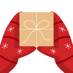 A winter hands in mittens hold a gift wrapped for Christmas. Concept for New Year poster background template design. Flat vector illustration