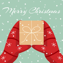 Greeting card with winter hands in mittens hold a gift wrapped for Christmas with snow background. Concept for New Year card template design. Flat vector illustration