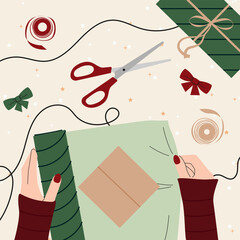 Holiday Gift Wrapping. A close-up of hands elegantly wrapping Christmas presents with colorful wrapping paper, ribbons, and bows. Gift-wrapping services or products. Woman making beautiful Christmas