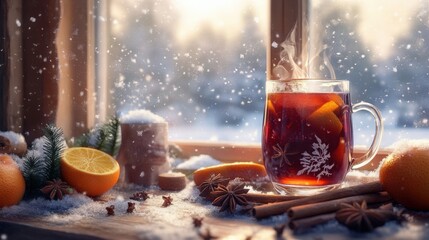 A steaming cup of hot beverage sits on a wooden table near a window, with snow gently falling outside. Oranges and spices are arranged nearby, creating a warm winter atmosphere