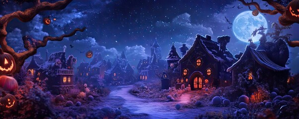 Fototapeta premium A hauntingly beautiful Halloween village scene under a glowing moon, featuring eerie homes and jack-o'-lanterns illuminating the night.