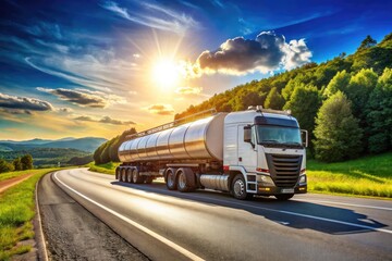 Large fuel truck traveling on a highway under a clear blue sky during a sunny day in summer