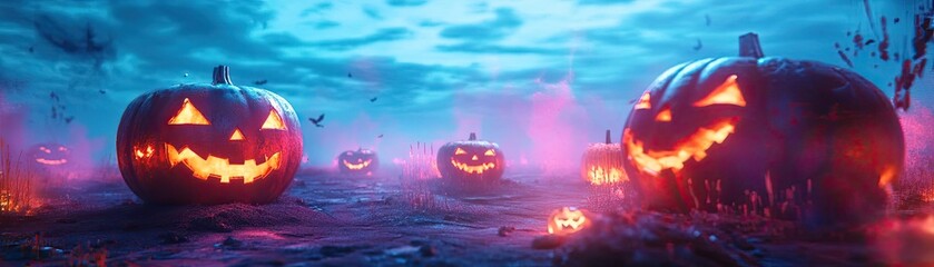 Naklejka premium Spooky Halloween scene featuring glowing pumpkins in a misty landscape with atmospheric lighting and eerie skies.