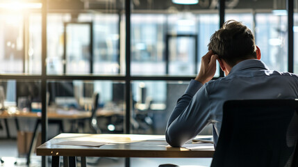 A man sits alone in an empty office, gazing at an empty desk with only a few personal items, symbolizing job loss and layoffs. The dim natural light from the window casts a somber atmosphere across th
