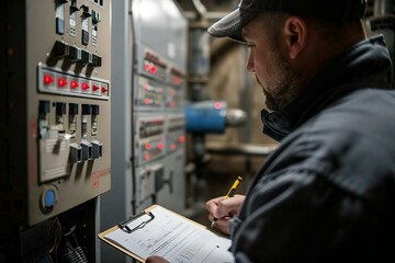 close-up shot of a male technician writing on a clipboard in front of a fuse box.