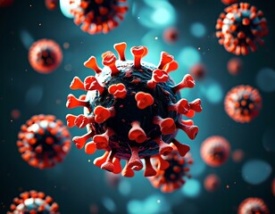 An abstract visualization of a pandemic, represented by floating virus particles against a dark, unsettling background